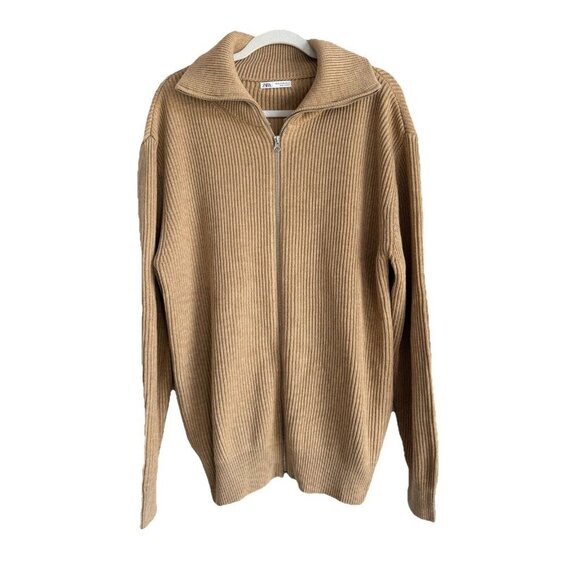 Zara Men’s Full Zip Wool Blend Sweater Tan Medium Chunky Knit Pockets Size XL - Picture 1 of 13